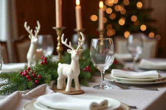 Table de fête élégante décorée avec des rennes de Noël en céramique, branches de pin, bougies dorées et vaisselle fine sur nappe blanche