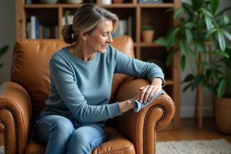 Femme appliquant un conditionneur sur un fauteuil en cuir ancien