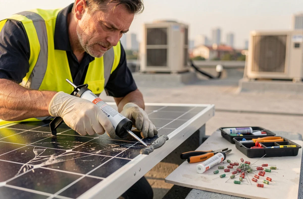 Technicien appliquant un mastic d'étanchéité sur les bords d'un panneau solaire endommagé lors d'une réparation sur toiture commerciale
