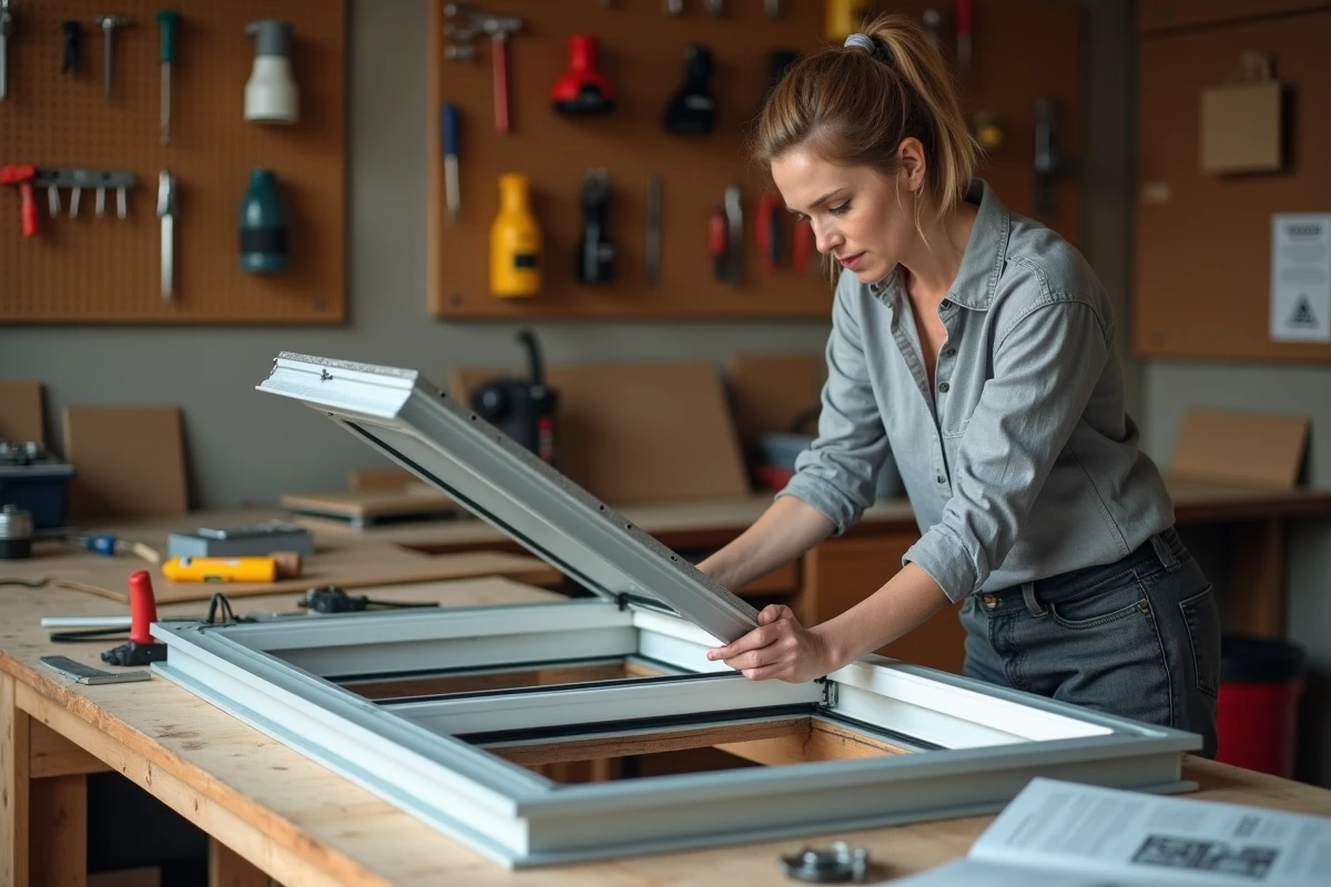 Femme inspectant un cadre de fenêtre de toit Velux démonté sur un établi dans un atelier de bricolage à domicile