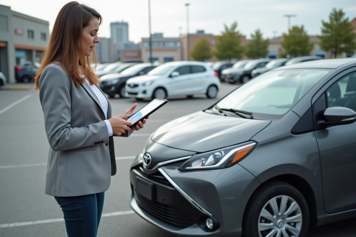 Femme consultant des avis Lacentrale-eco sur tablette devant une voiture d'occasion dans un parking de concessionnaire