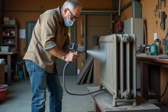 Homme sandblastant un radiateur en atelier organisé