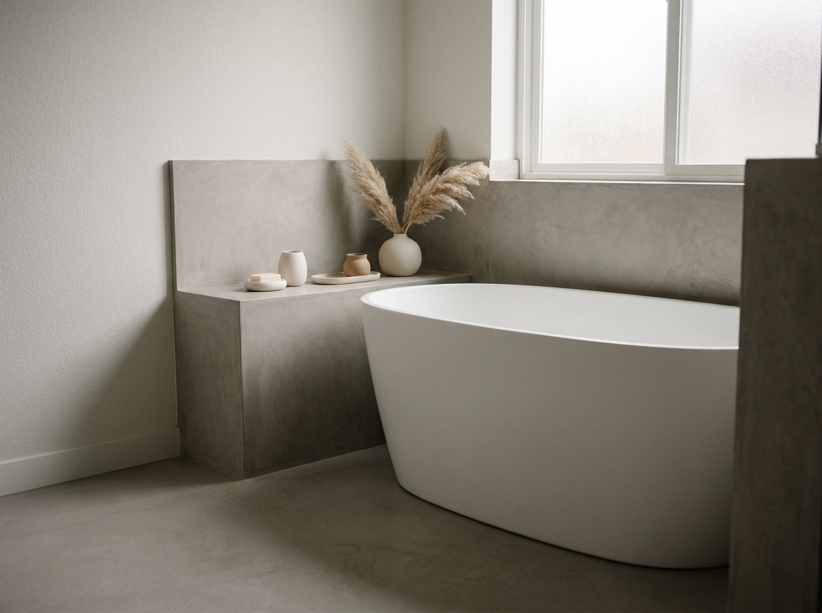 Salle de bain avec sol et murs en microciment coulé gris pierre, baignoire îlot blanche et accessoires naturels