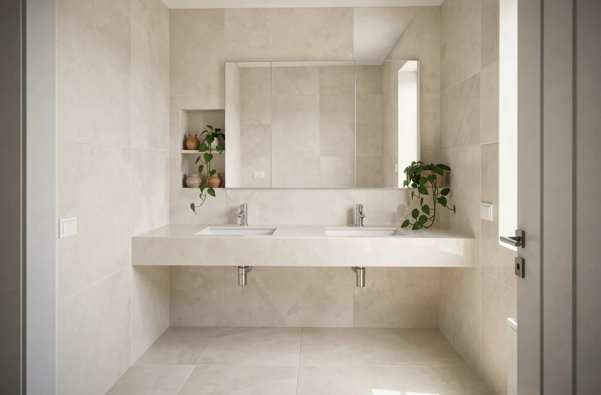 Salle de bain minimaliste avec double vasque en béton cellulaire et plan de travail en béton ciré blanc ciment poli