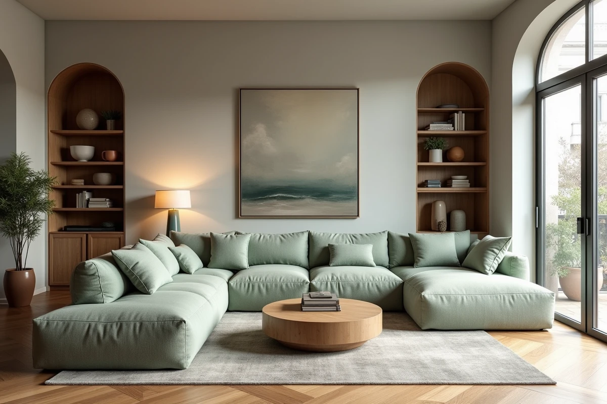 Salon luxueux aménagé avec des éléments de décoration sur mesure représentatifs des prix de decoserotonine.fr
