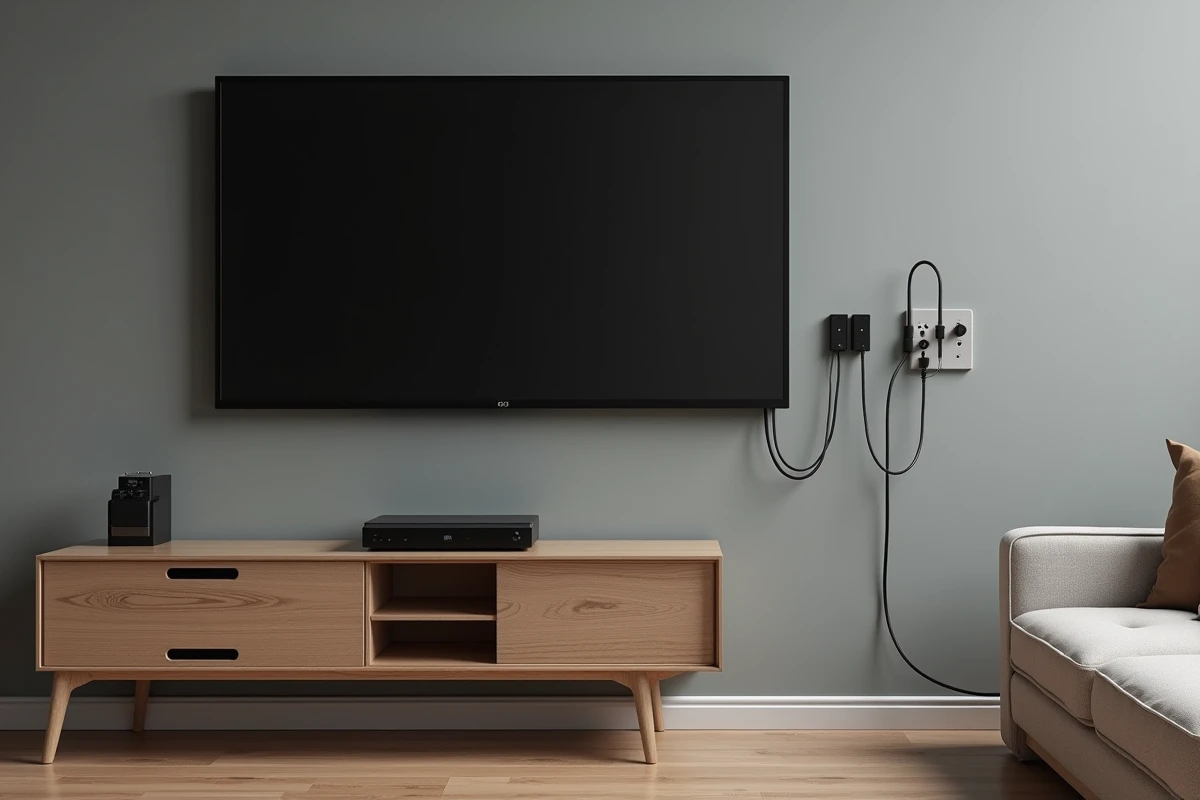 Salon moderne avec prise murale double TV FM connectée à une télévision et un récepteur radio