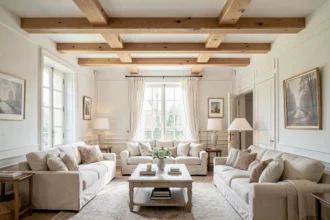 Séjour lumineux avec trois poutres décoratives chêne clair au plafond