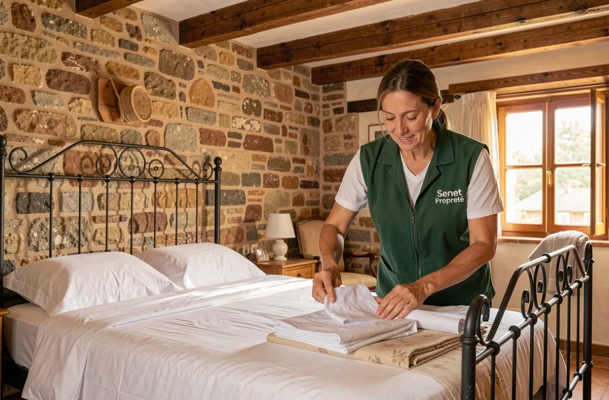 Professionnelle Senet Propreté en gilet vert pliant du linge dans une chambre de maison de campagne occitane