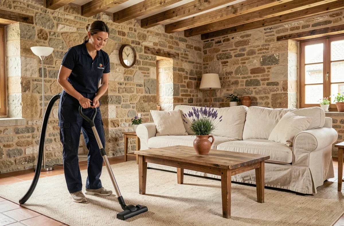 Professionnelle de nettoyage passant l'aspirateur dans un salon de style provençal