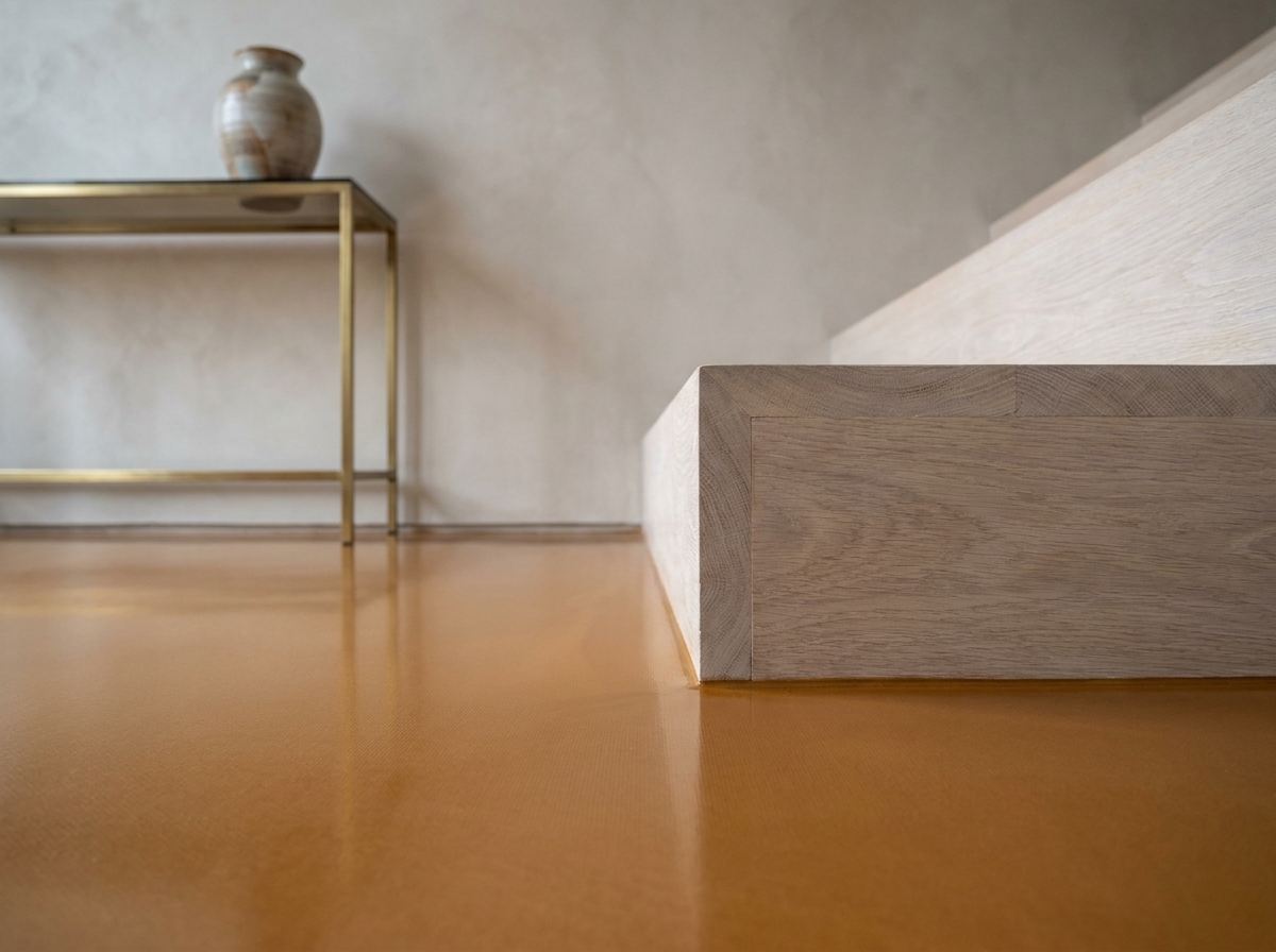Détail de sol en résine coulée au pied d'un escalier en chêne blanchi dans une maison contemporaine