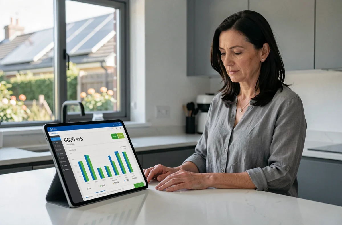 Femme consultant un tableau de bord de production d'énergie solaire sur tablette numérique affichant 6000 kWh annuels