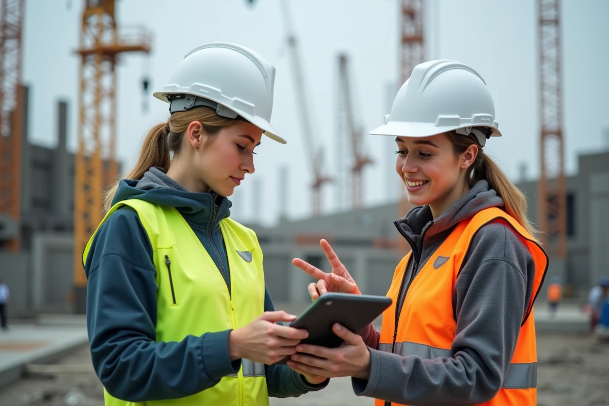 Superviseure pointant une erreur de ciment sur un chantier