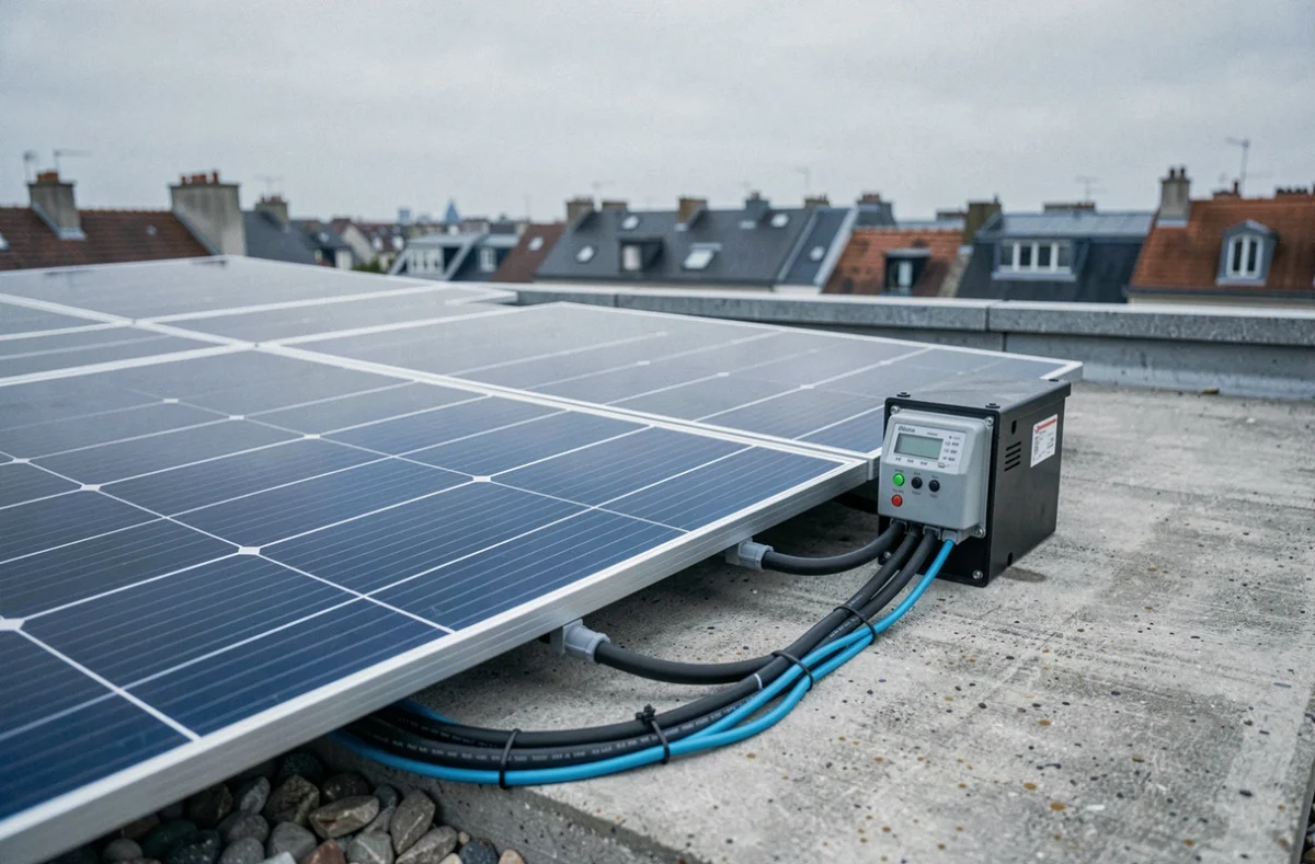 Système de panneau solaire autonome avec contrôleur de charge et batterie sur terrasse