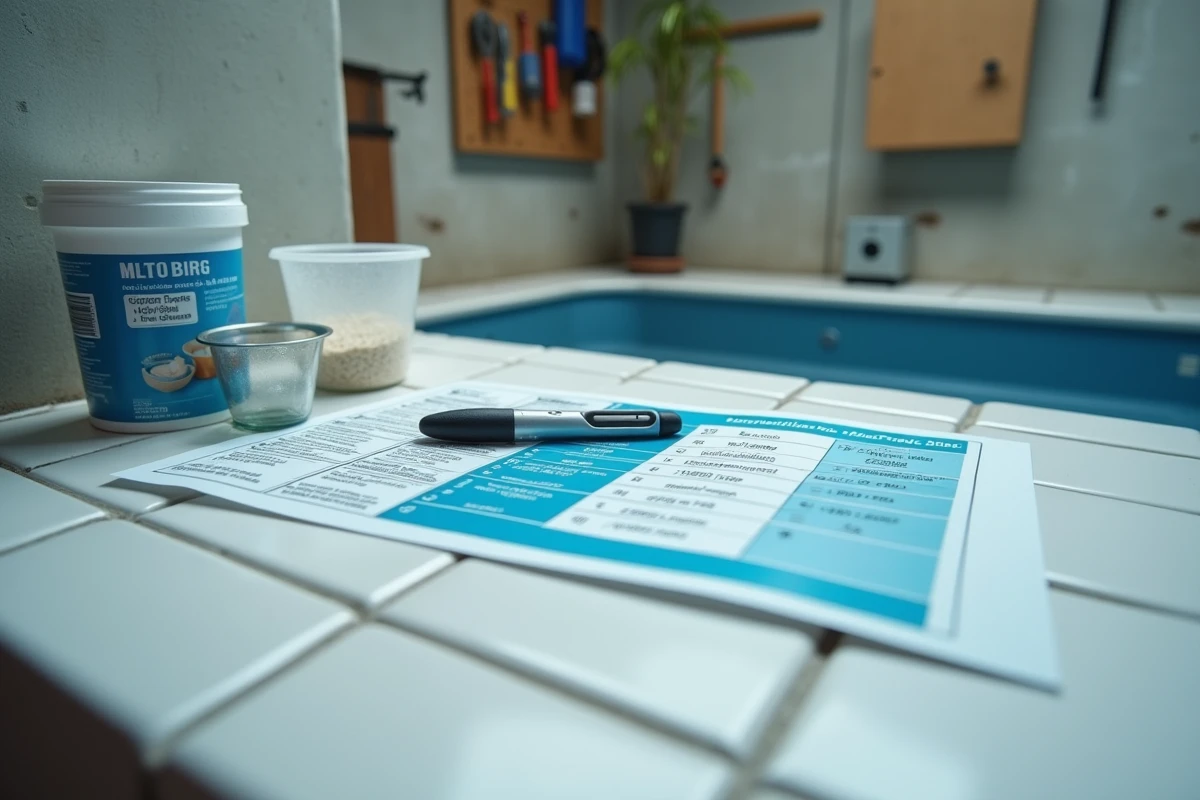 Table de dosage chlore et pH posée près d'un testeur numérique et de pastilles de chlore dans un local technique de piscine