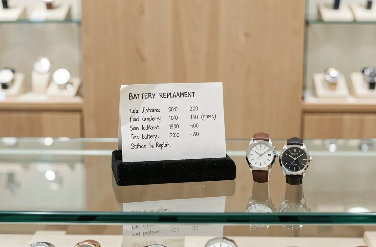 Affichage du tarif de remplacement de pile de montre dans une boutique horlogerie