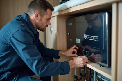 Technicien inspectant un système de chauffage Truma dans un camping-car moderne affichant un code erreur numérique