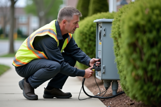 Technicien en travaux connectant un boitier électrique extérieur