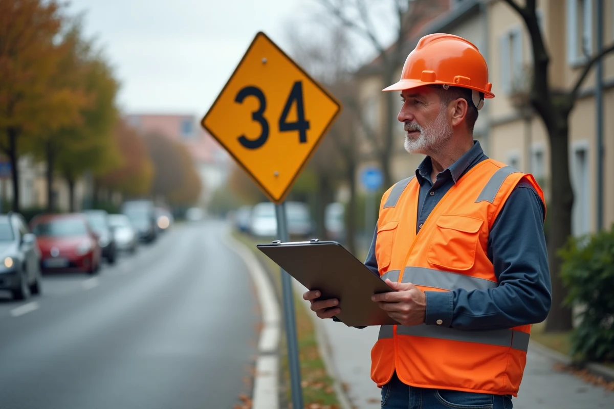 Technicien de voirie inspectant un panneau B34 nouvellement installé en zone urbaine française