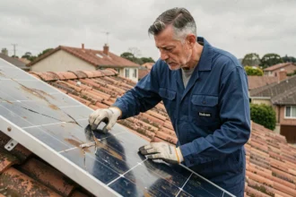Technicien solaire inspectant un panneau photovoltaïque fissuré sur un toit de maison individuelle