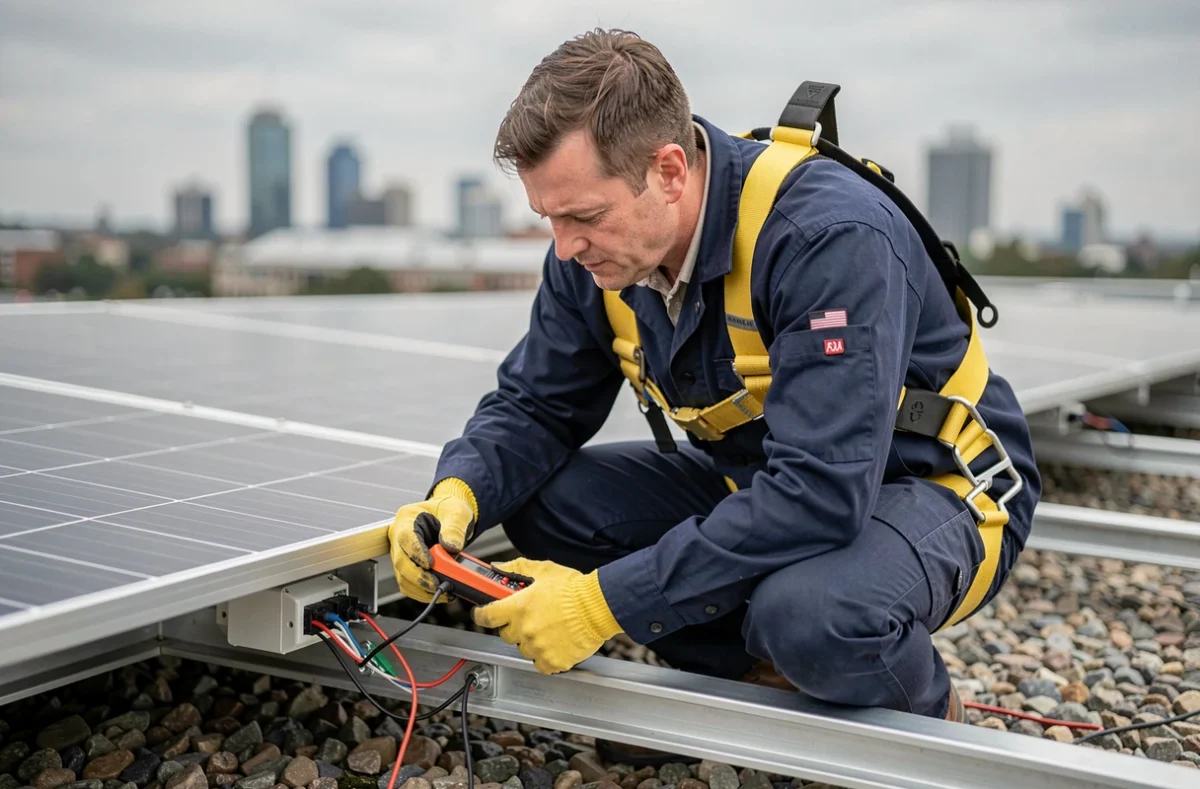 Technicien en énergie solaire inspectant les connexions de panneaux photovoltaïques sur un toit plat commercial