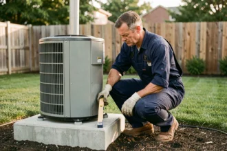 Technicien CVC inspectant le socle en béton d'une pompe à chaleur installée dans un jardin résidentiel