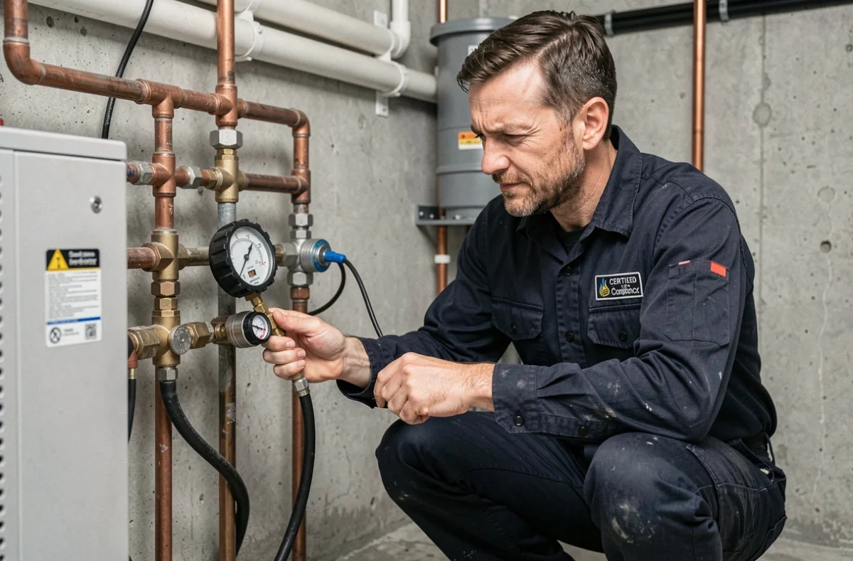 Technicien installant une pompe à chaleur air eau dans une chaufferie de maison individuelle