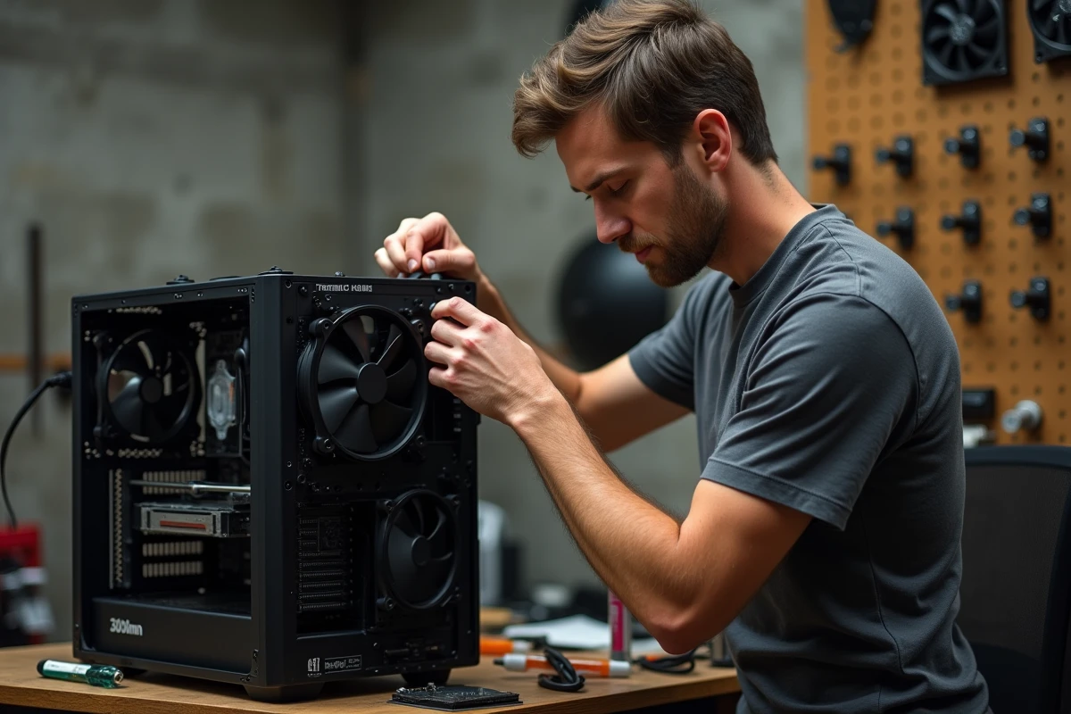 Technicien installant un radiateur dans un boitier PC aquarium pour améliorer l'airflow avant overclocking