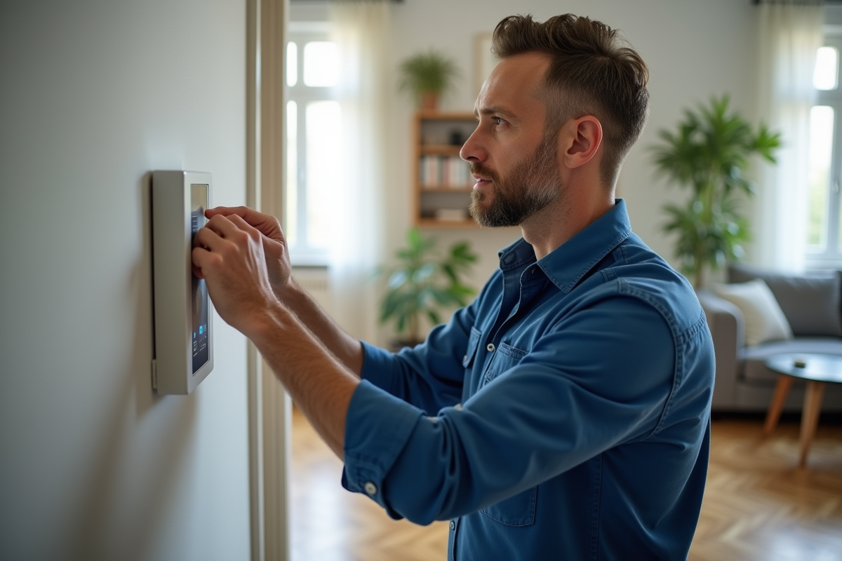 Technicien homme ajustant un thermostat mural dans un salon lumineux