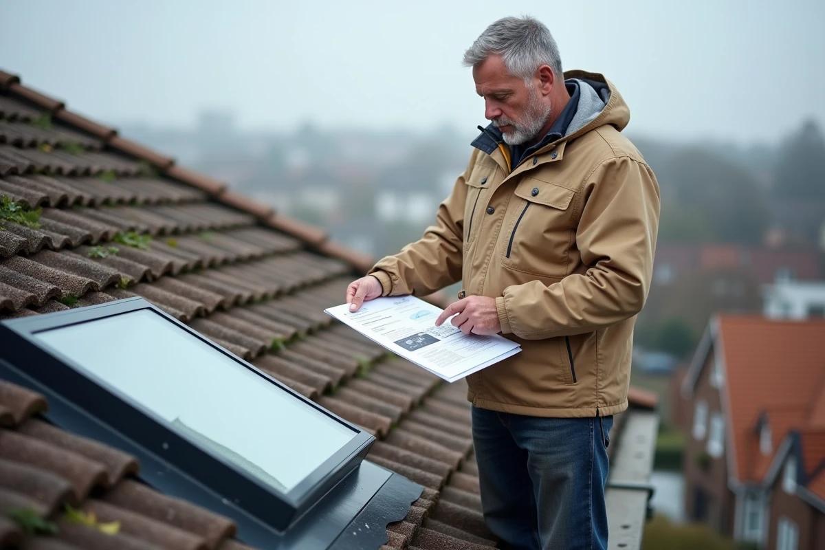 Technicien SAV sur un toit résidentiel tenant une pièce détachée pour une fenêtre de toit Velux avec fiche technique