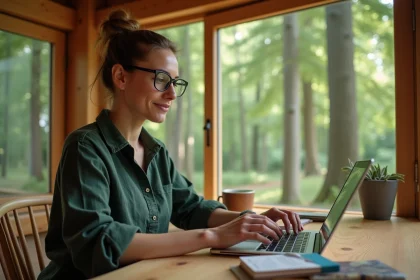 Femme en télétravail dans un espace de coworking en forêt entouré d'arbres, ordinateur portable ouvert sur un bureau en bois rustique