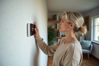 Femme ajustant un thermostat intelligent dans un salon cosy