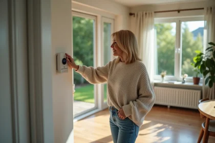 Femme ajustant un thermostat dans une maison écologique