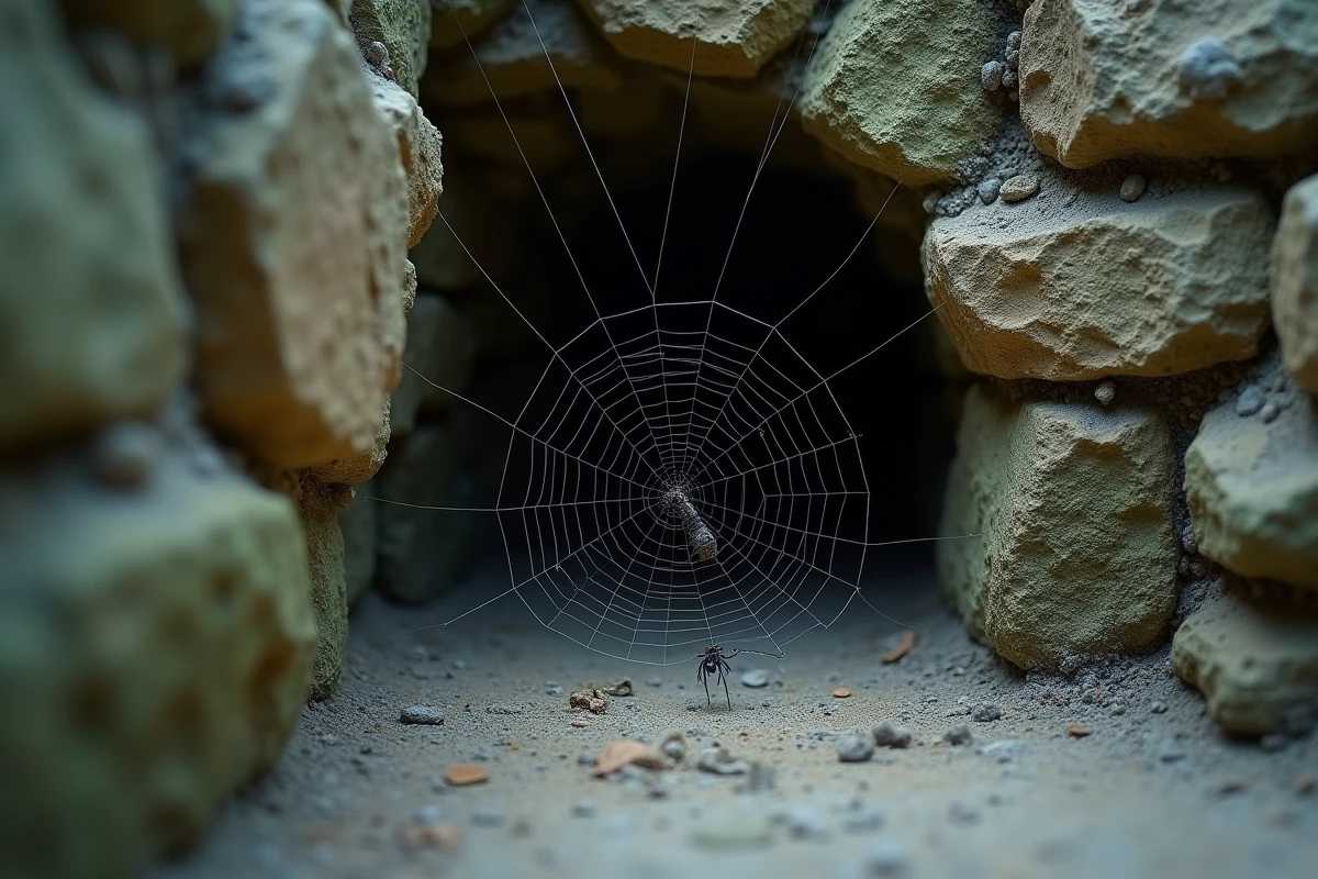 Toile en entonnoir d'araignée domestique dans un angle de cave en pierre typique d'une maison française