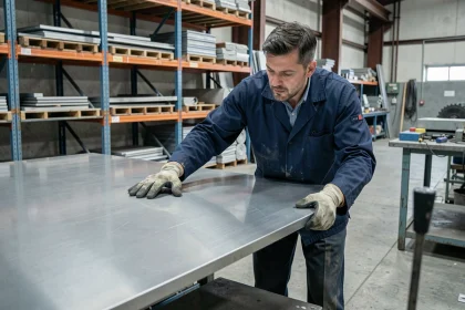 Ouvrier inspectant une tôle d'acier lisse dans un atelier métallurgique industriel