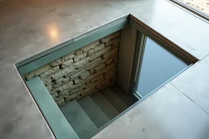 Trappe en verre trempé encastrée dans un sol en béton poli donnant accès à une cave à vin en pierre