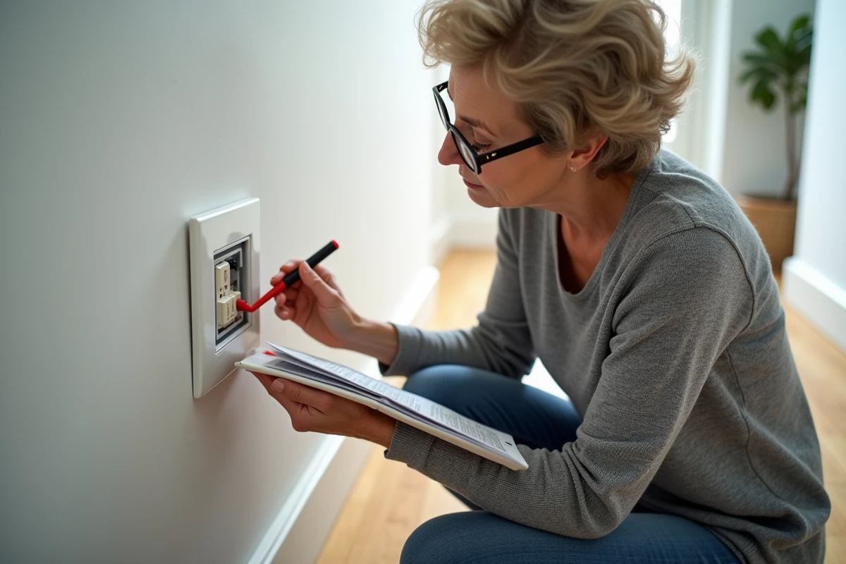Femme vérifiant le câblage d'un interrupteur poussoir sans neutre avec un multimètre dans un couloir rénové