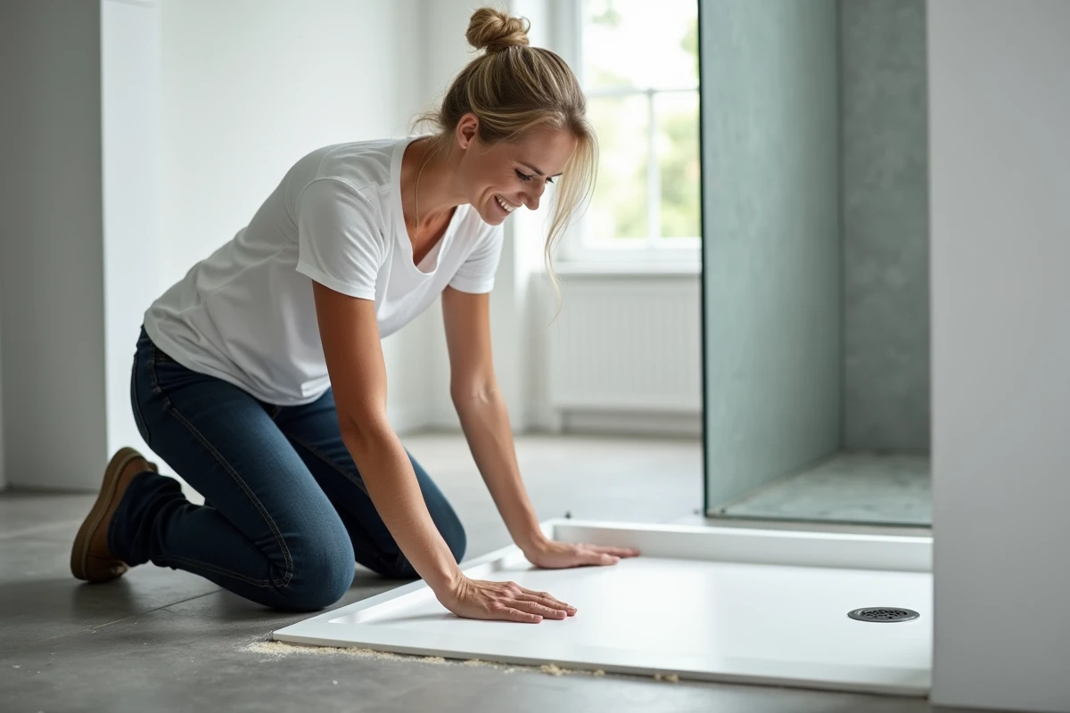 Femme vérifiant la pose d'un receveur de douche extra plat dans une salle de bain moderne après application de colle adaptée
