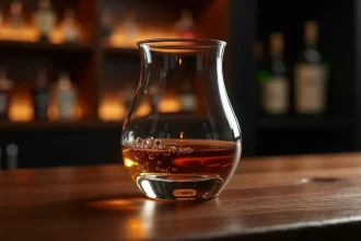 Verre à whisky japonais soufflé bouche en cristal posé sur bois de noyer avec whisky ambré, fond bar raffiné