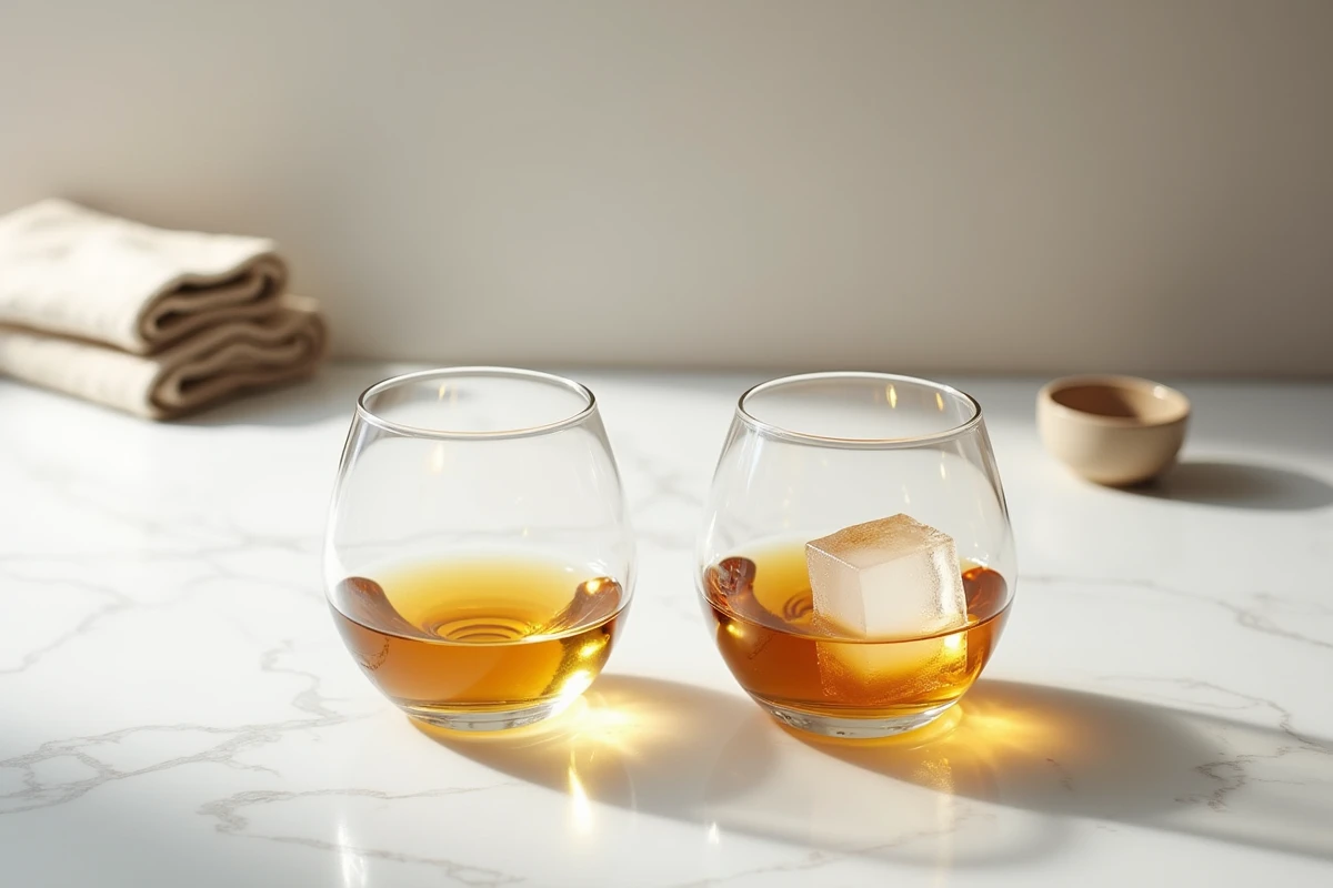 Deux verres à whisky japonais soufflés bouche sur marbre blanc, l'un vide l'autre avec whisky doré et glaçon sphérique