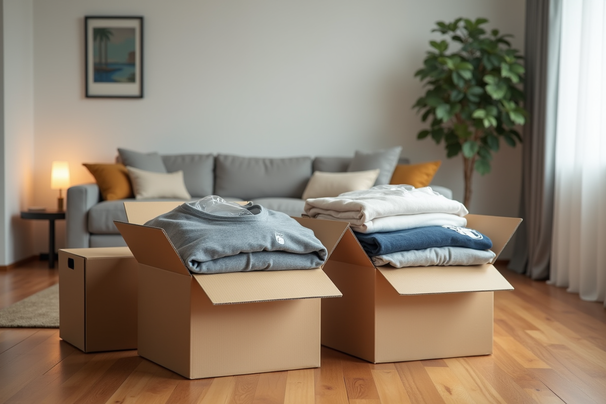 Vêtements bien emballés dans des caisses en bois modernes